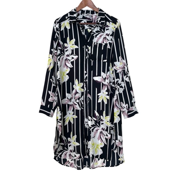 Reitmans Floral Striped Tunic Blouse Medium Side Slits Longline Lightweight - Picture 2 of 12